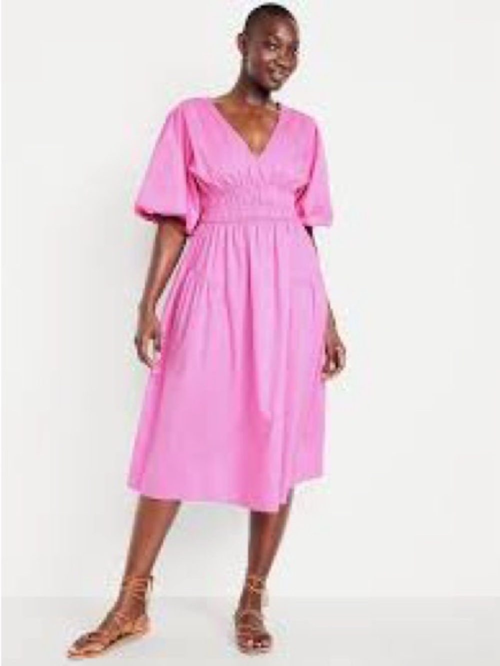 NWT Old Navy Pink V-Neck Smocked Puff Sleeve Midi Dress M